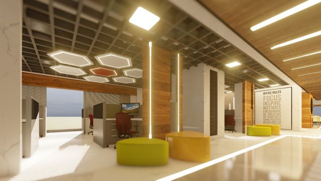 Contemporary office space with coffered ceiling 